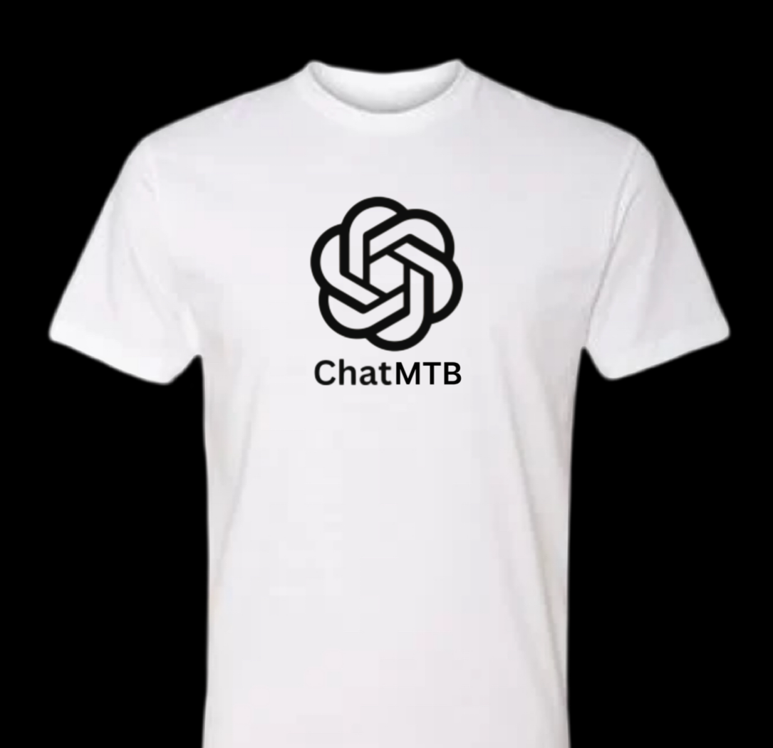 White t-shirt with ChatMTB logo on a black background