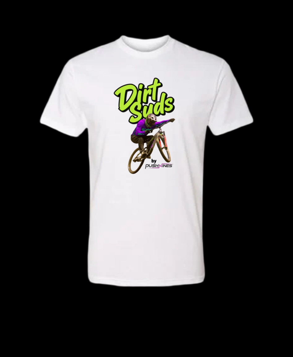 White t-shirt with a graphic of a person on a bike and 'Dirt Suds' text on a black background
