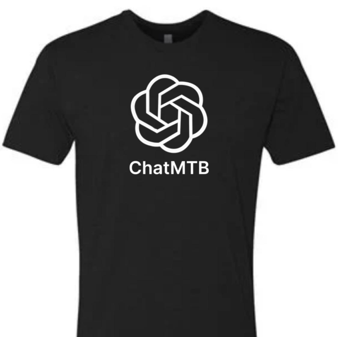 Black t-shirt with ChatMTB logo on a white background