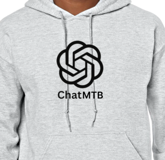 Gray hoodie with ChatMTB logo on a white background