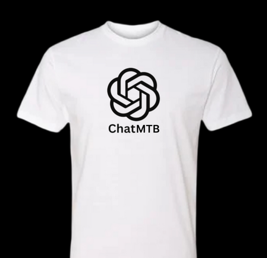 White t-shirt with ChatMTB logo on a black background