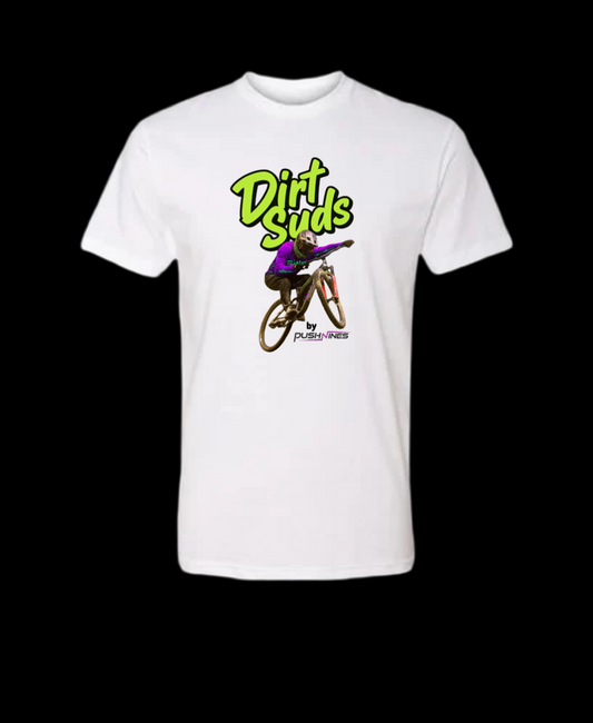 White t-shirt with a graphic of a person on a bike and 'Dirt Suds' text on a black background
