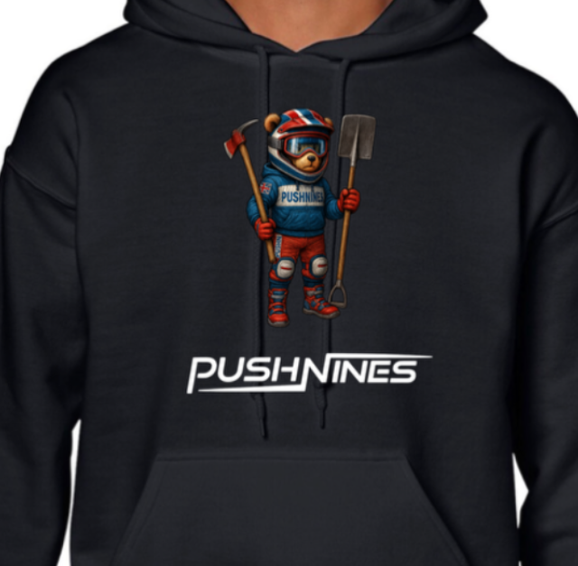 Black hoodie with a bear in a racing suit and 'Push Nines' logo on a white background