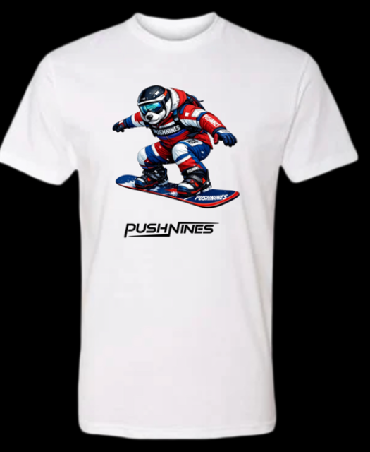 White t-shirt with a graphic of a snowboarder and 'PushNines' branding on a black background