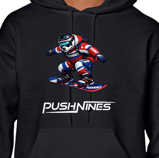 Black hoodie with a graphic of a person snowboarding and the 'PushNines' logo.