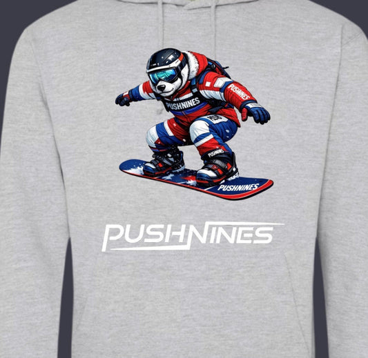 Gray hoodie with a graphic of a snowboarder and 'PushNines' branding on a dark background