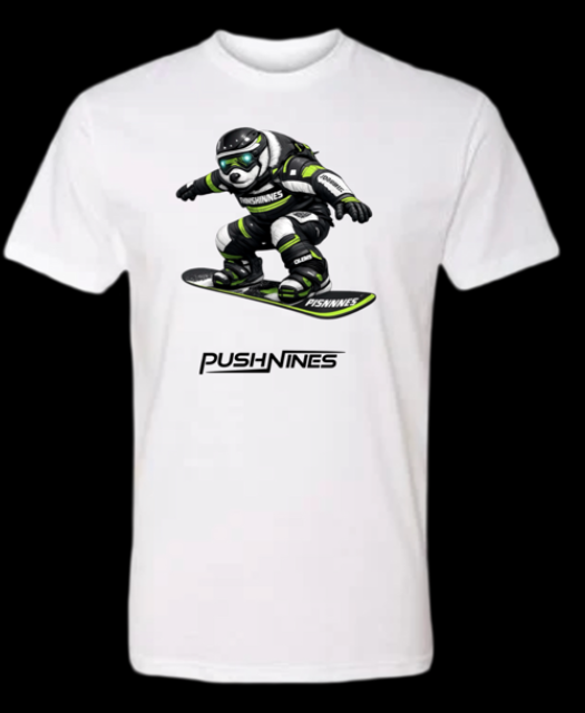 White t-shirt with a graphic of a person snowboarding and the brand 'PushNines' on a black background.