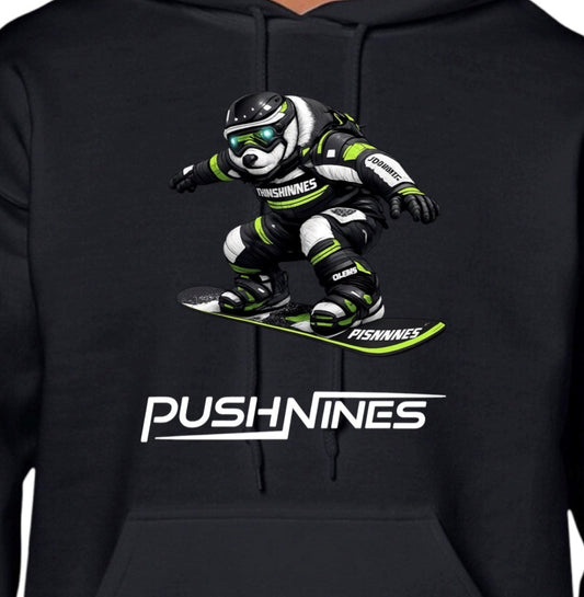 Black hoodie with a graphic of a bear snowboarding and 'PushNines' branding.