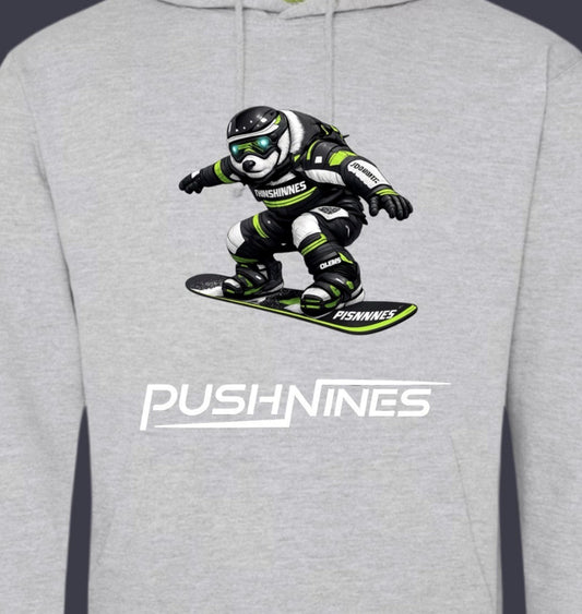 Gray hoodie with a graphic of a person snowboarding and 'Push Nines' branding.